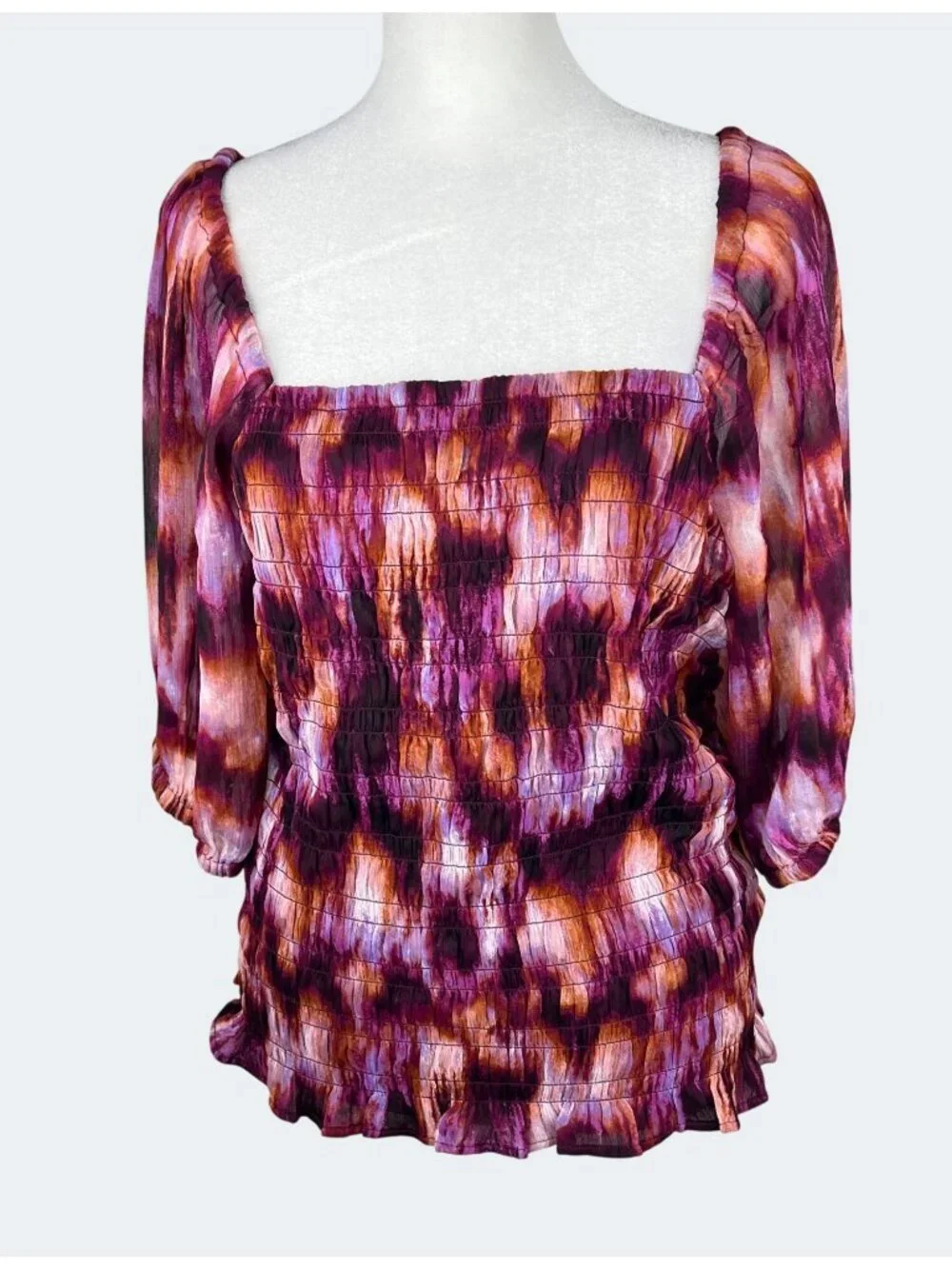 Old Navy Womens Tall Smocked Puff-Sleeve Top Tie-Dye Print L